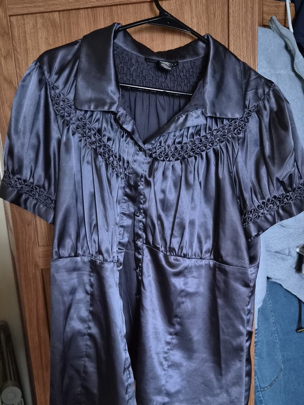 Apostrophe Black Satin Button-Front Blouse with Smocked Yoke